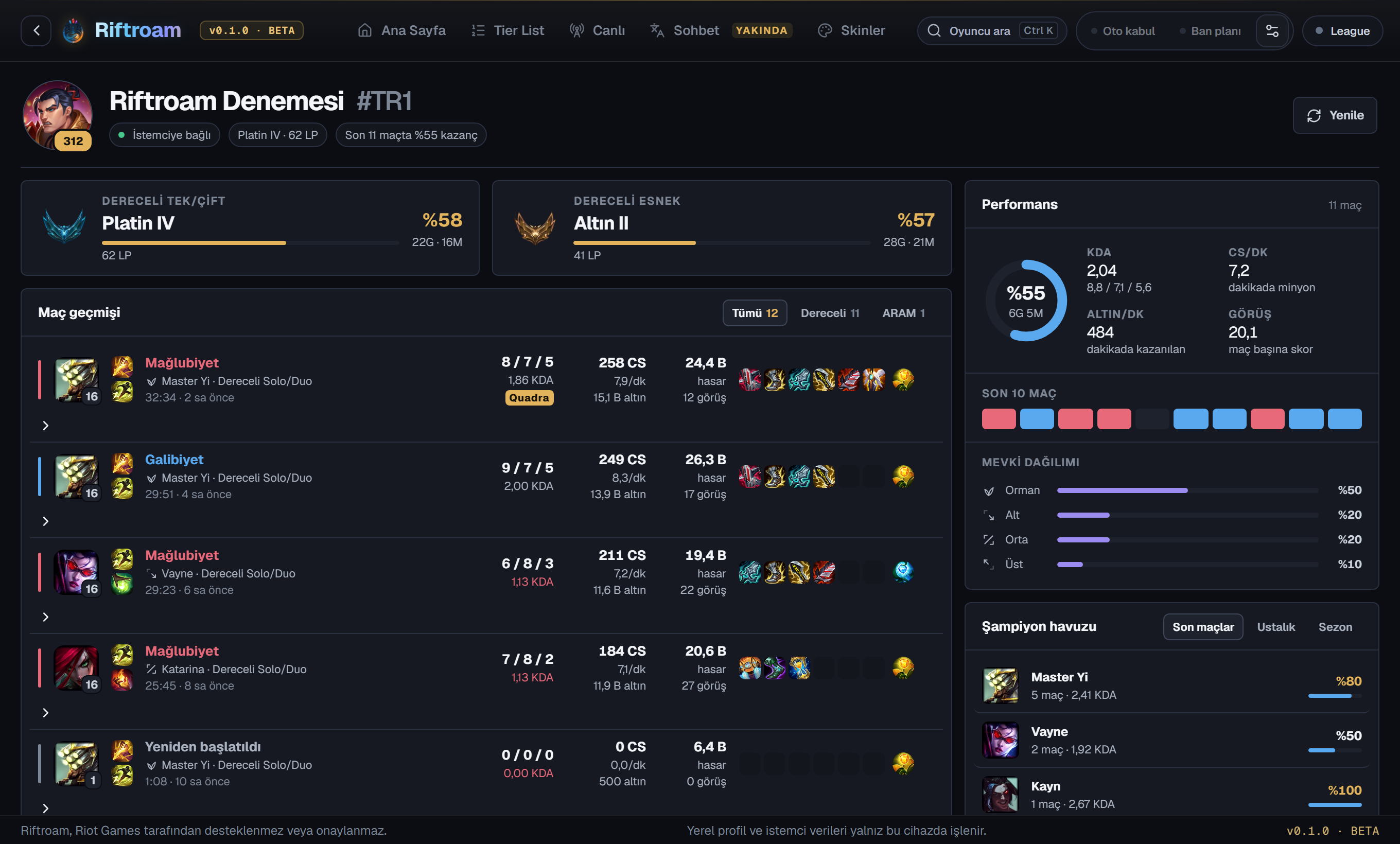 Riftroam profil ve maç geçmişi ekranı
