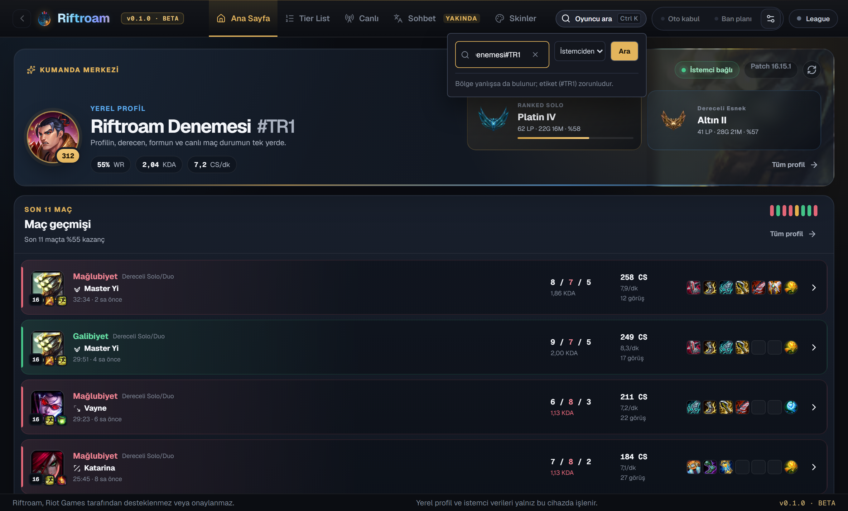 Riftroam Riot ID oyuncu arama ekranı