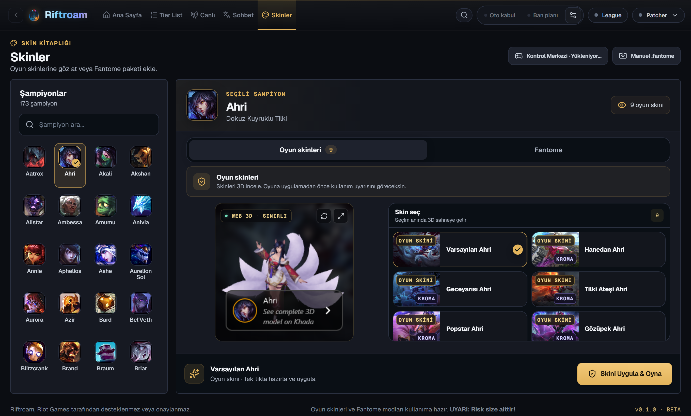 Riftroam skin kataloğu ve 3B önizleme ekranı